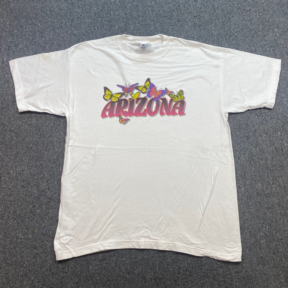 Atlas Sportswear Arizona TShirt Sz L Mens White Skater Butterfly Graphic Vintage